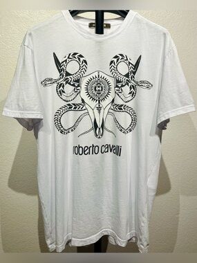 Roberto Cavalli White Tee with Black Snake and Skull Graphic - Size L (Men’s)